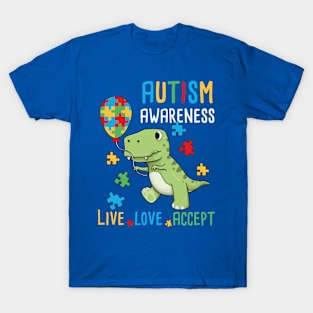 Autism Awareness T-Rex Dinosaur Color Puzzles Heart Balloons T-Shirt